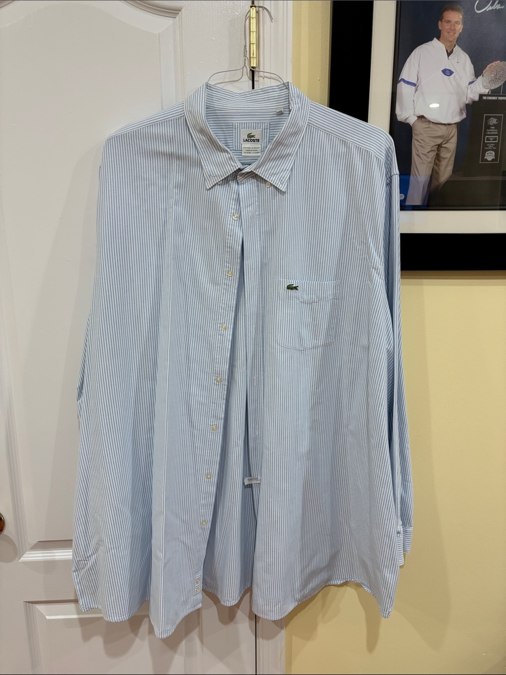 Lacoste Men’s Light Blue and White Pinstripe Dress Shirt